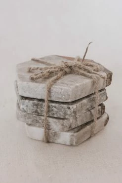 CREATIVE CO-OP Home HEXAGON MARBLE + ACACIA COASTERS