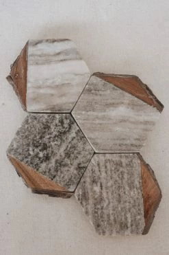 CREATIVE CO-OP Home HEXAGON MARBLE + ACACIA COASTERS