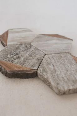CREATIVE CO-OP Home HEXAGON MARBLE + ACACIA COASTERS