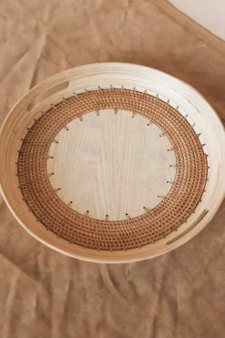 CREATIVE CO OP Home WOVEN RATTAN + OAK TRAY