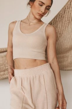 MONO B Crop Tops RIBBED SEAMLESS CROPPED TANK · STONE