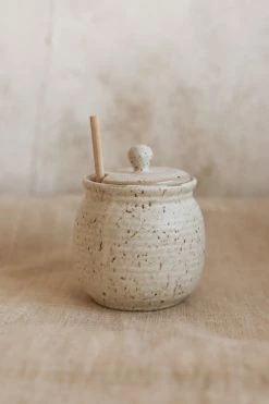 CREATIVE CO OP SPECKLED STONEWARE HONEY JAR Home